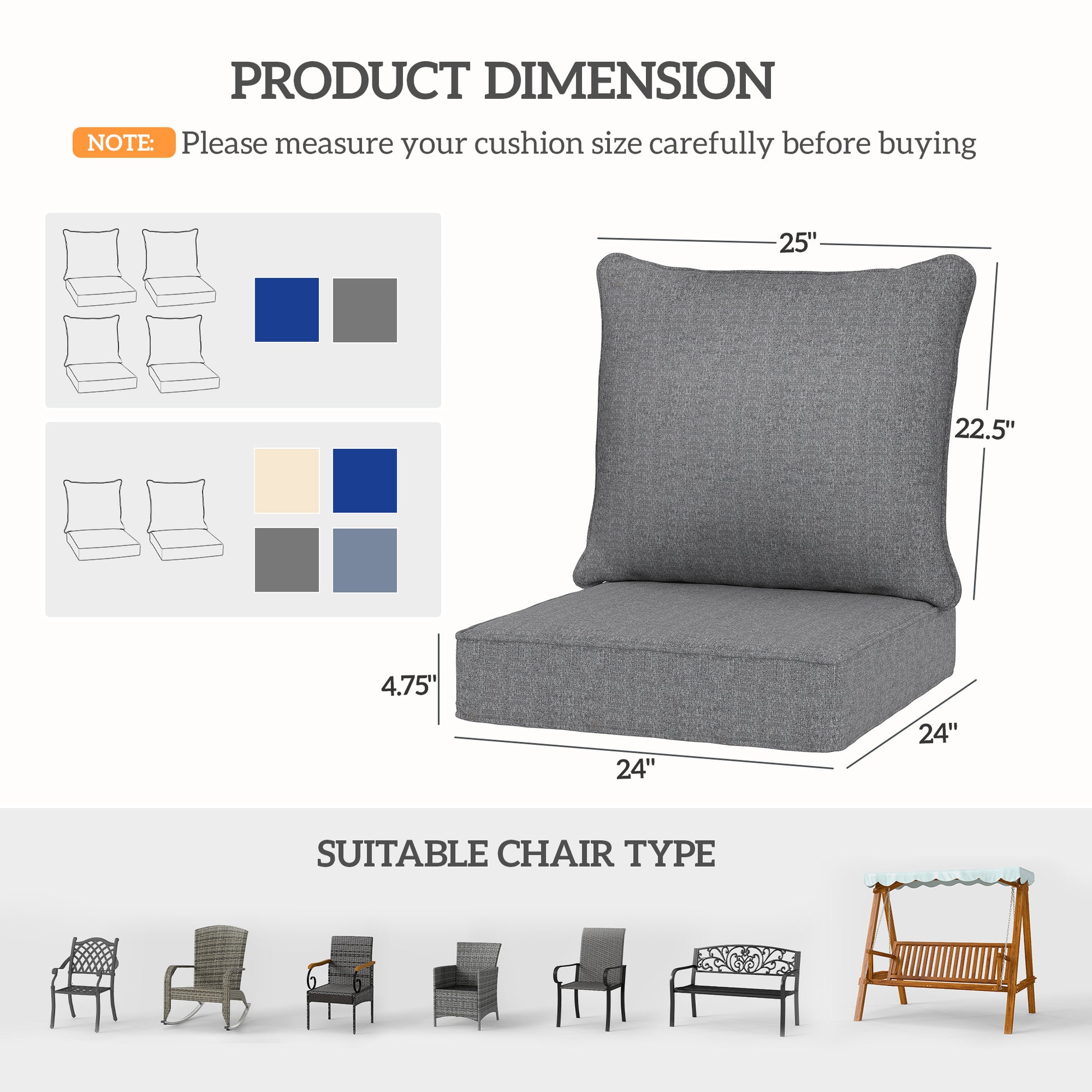 8 Patio Chair Cushions With Seat & Backrest, Fade Resistant Seat Replacement Cushion Set, Gray