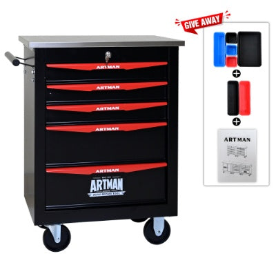 5 Drawers Multifunctional Tool Cart With Wheels,Metal Rolling Tool Cart Storage For Garage Workshop Warehouse Repair Shop--With Stainless Steel Roof- BLACK RED