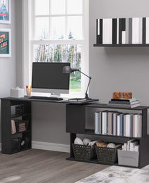 360° Rotating Home Office Desk L Shaped Corner Computer Desk With Storage Shelves, Writing Table Workstation, Black