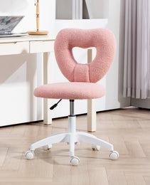 Armless Computer Desk Chair, Office Task Chair, Teddy Fleece Heart Makeup Vanity Chair with Swivel Wheels, Pink