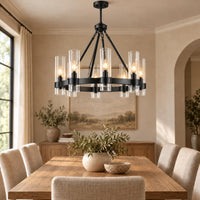 Teramo Black Wagon Wheel Chandelier, 26 Inch round Dining Room Light, Clear