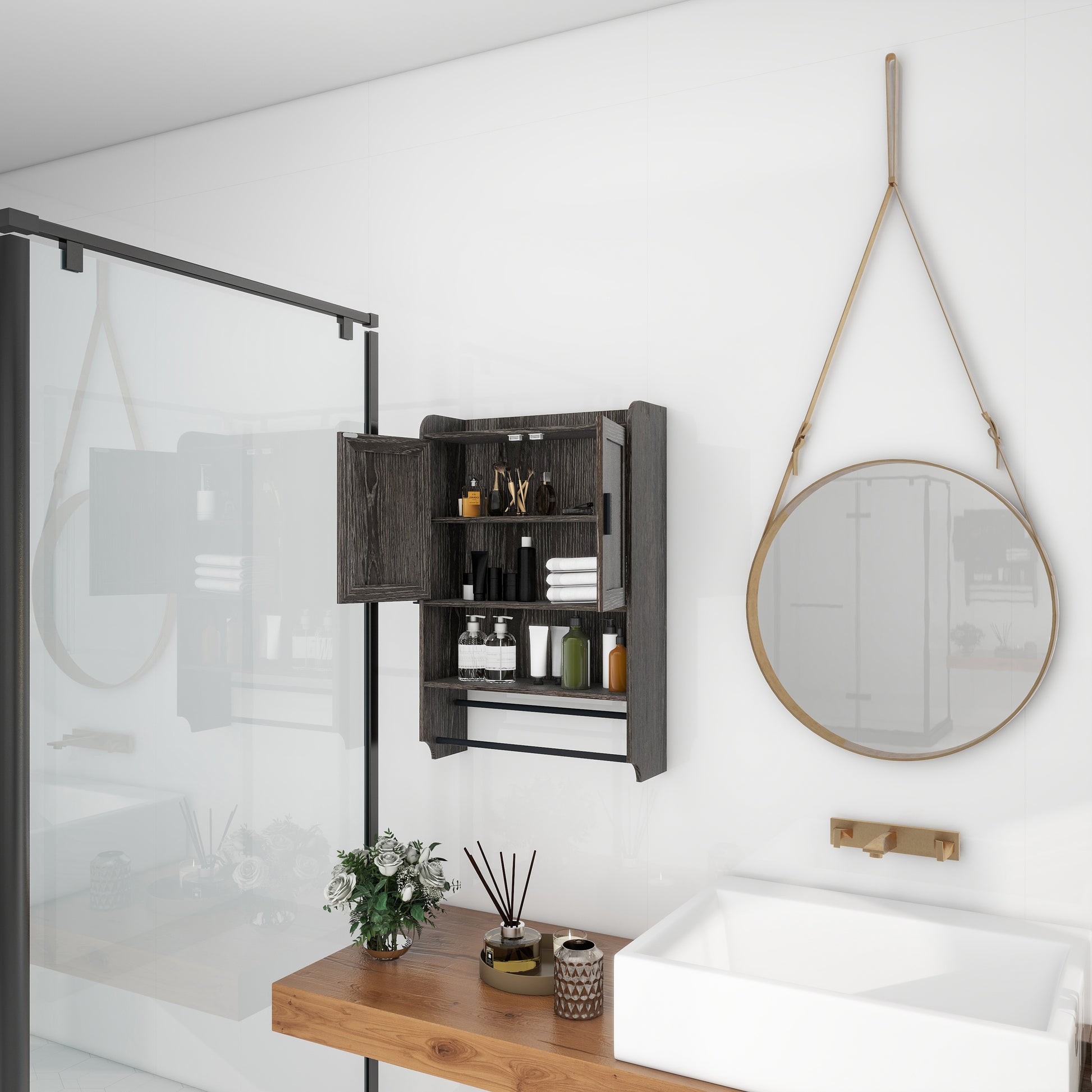 Bathroom Wall Cabinet With Doors,Adjustable Shelf,Towel Bar And Paper Holder, Over The Toilet Storage Cabinet, Medicine Cabinet For Bathroom-Grey