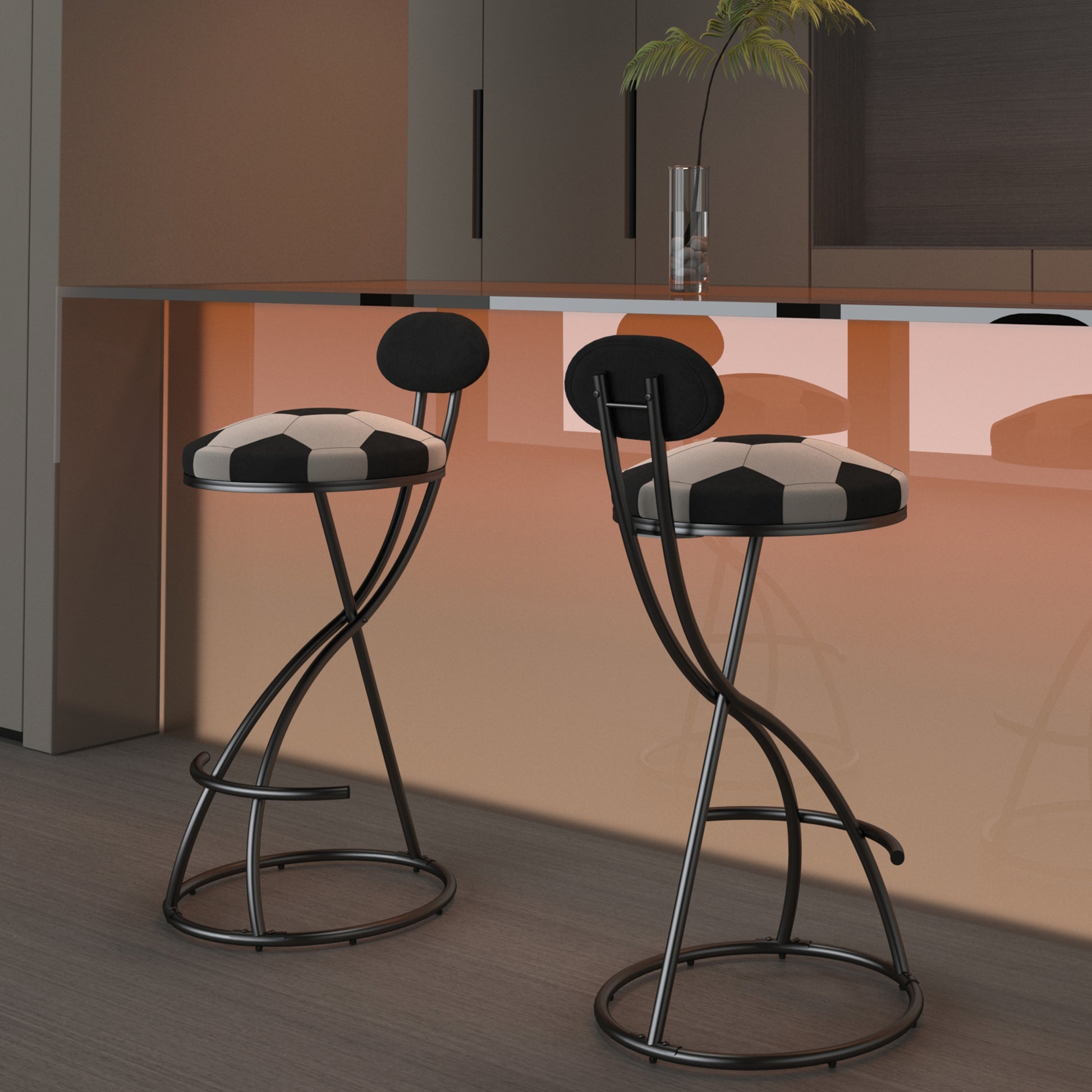 Upholstered S-shaped Barstools Set Of 2 Velvet Counter Bar Stools Football Print Round Dining Stool For Kitchen & Living Room Black Frame  Black Back