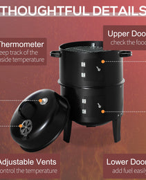 3-in-1 Vertical Charcoal BBQ Smoker Grill with 2 Cooking Areas and Thermometer