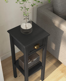 2-Tier Side Tables Set of 2 with Drawer and Shelf, 2 Pieces End Tables for Living Room and Hallway, Black
