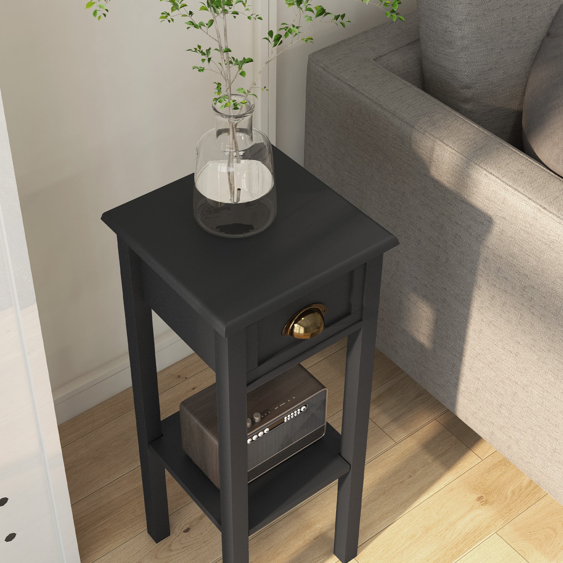 2-Tier Side Tables Set of 2 with Drawer and Shelf, 2 Pieces End Tables for Living Room and Hallway, Black