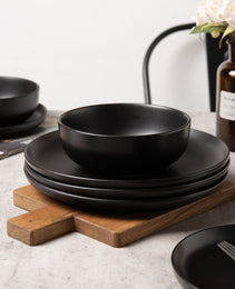 12-Piece Stoneware Dinnerware Sets With Mugs   Microwave & Dishwasher Safe    Non-Toxic Dinner Plates Bowls Set   Stackable Matte Glaze Kitchenware For 3,Black