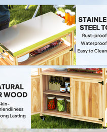 Outdoor Grill Cart w/ Stainless Steel Top, Solid Wood Outdoor Kitchen Island w/ Wheels, Storage Cabinets, Natural Wood