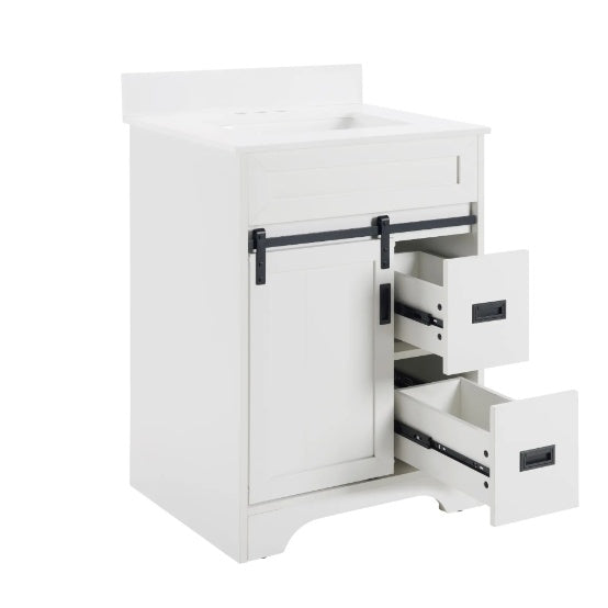 24 Bathroom Vanity With Single Sink Combo, Farmhouse Undermount Bathroom Sink Cabinet With Sliding Barn Doors And 2 Drawers, Freestanding Bathroom Vanities,White