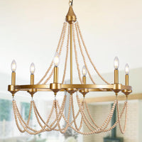 Black Beaded Chandelier Boho Ceiling Light Fixture, Candle Wagon Wheel Chandeliers with 6-Light,Modern Farmhouse Hanging Lighting with Wooden Bead Pendants for Dining Room, 28 Inch