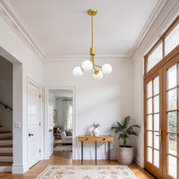 Gold Sputnik Ceiling Light, 4-Light Modern Chandelier with Adjustable Height,Globe Pendant Ceiling Light with Milk Glass Shades, Mid Century Hanging Light Fixture for Living Room Bedroom Foyer