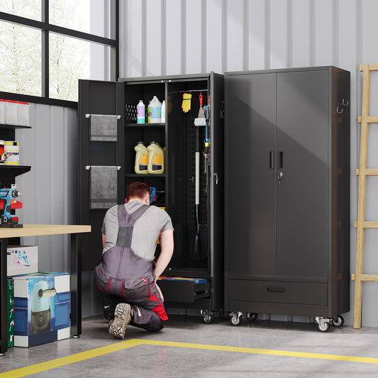 Broom Closet Storage Cabinet With Wheels And Drawer,Garage Storage Cabinet With Magnetic Doors,Pegboard And Adjustable Shelves For Garage Home Office,Required Assembly,Black