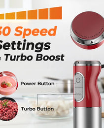 HB-2016A 5-in-1 Hand Immersion Blender, 30 Speeds Handheld Blender, Copper Motor Stainless Steel Blade Stick Blender,600ml Mixing Beaker,500ml Food Processor, Whisk, Milk Frother, BPA-Free, Red