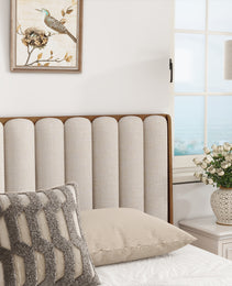 King Size Wood Bed With Piano Key Style Upholstered Headboard , Wood Bed With Strengthened Bed Frame ,Wheat