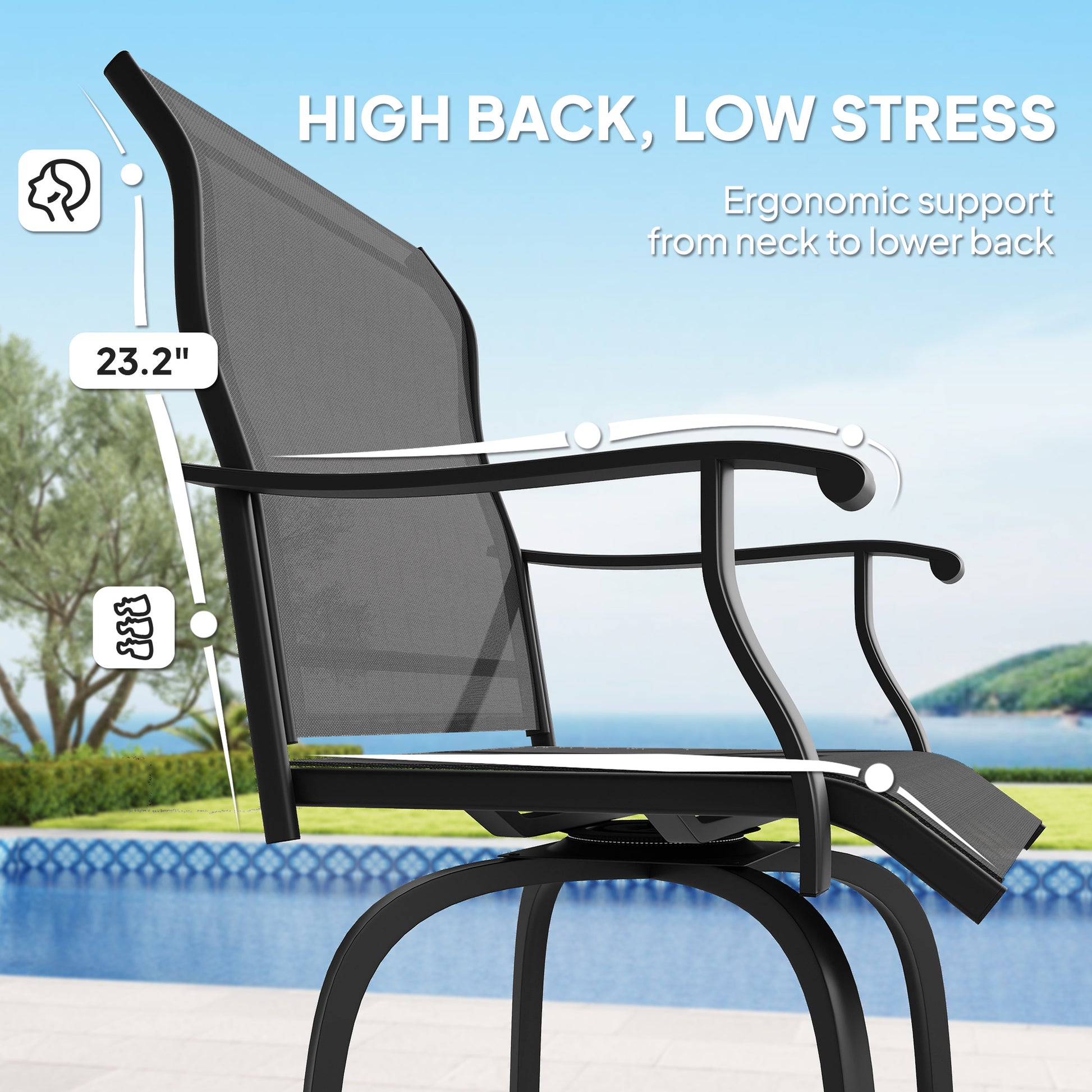Set of 2 Outdoor Swivel Bar Stools with Armrests, Bar Height Patio Chairs with Steel Frame for Balcony, Poolside, Backyard, Black