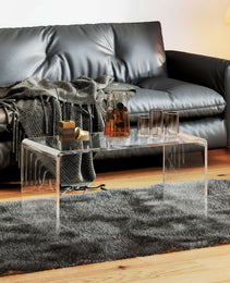 32  Clear Acrylic Coffee Table, 0.5In Thick C-Shape Waterfall End Coffee Table, Multipurpose Lucite Tea Table For Living Room