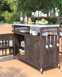 K&K 53.3  Outdoor Kitchen Island With Raised Shelf, Solid Wood Storage Cabinet With Stainless Steel Top, Outdoor Rolling Grill Cart With Internal Storage Rack, Adjustable Shelf, Spice Rack, Brown