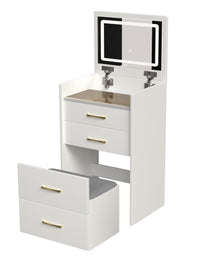 3 In 1 Vanity Desk With Open Top Mirror,Small Make Up Vanity Set With Visible Glass Desktop,Compact Makeup Vanity With 3 Drawers,Dressing Table For Bedroom - CJDS
