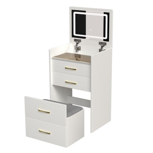 3 In 1 Vanity Desk With Open Top Mirror,Small Make Up Vanity Set With Visible Glass Desktop,Compact Makeup Vanity With 3 Drawers,Dressing Table For Bedroom - CJDS