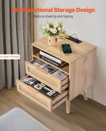 Rattan Nightstand, Boho Bedside Table With Open Shelf 2 Drawers, Rattan End Table Nightstand With Solid Wood Legs, Rattan Bedside Table With Charging Station, For Bedroom, Study & Living Room