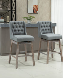 Bar Height Bar Stools Set of 2, 180 Degree Swivel Barstools with Solid Wood Footrests and Button Tufted Design, 30" Seat Height Bar Chairs for Kitchen Island, Gray