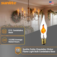 Petite Chandelier Flicker Flame Light Bulb Candelabra Base, Orange, for Holiday and Decorative Lighting, E12, Candelabra Base, Clear, 3 Watts, 12 Pack
