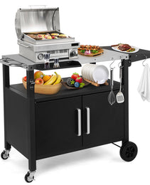 Outdoor Grill Cart With Storage, Rolling Bar Cart Movable Kitchen Island For BBQ, Patio Dining Cart Table For Food Prep With Wheels Hooks Foldable Top