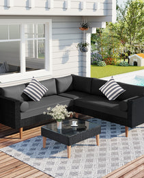 GO 4-pieces Outdoor Wicker Sofa Set, Patio Furniture With Colorful Pillows, L-shape Sofa Set, Gray Cushions And Black Rattan