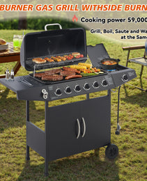 6 Burner BBQ Propane Gas Grill With Side Burner 59000 BTU Output Stainless Steel Barbecue Grill With Enamel-Coated Grates And Side Tables For Outdoor Cooking Kitchen And Patio Backyard.