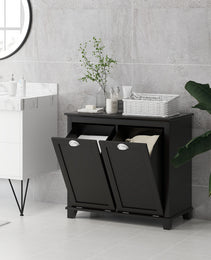 Bathroom Storage Cabinet, Tilt-Out Laundry Hamper with 2 Compartments, Black