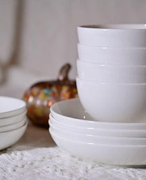 Setaria Bone China Dinnerware Set, 12 Pieces, Service For 4, Plates, Dishes, Bowls Set, Microwave And Dishwasher Safe, Ivory White With Narrow Curve Stripe