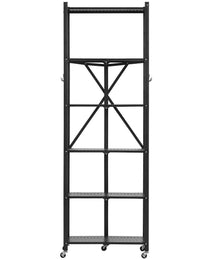 6-Tier Foldable Storage Shelf, 24W X 12D X 72H Inch Folding Metal Rack Shelving Unit, No Assembly Organizer Shelf With 5 Wheels & 4 Hooks For Pantry, Kitchen, Garage, Basement, Black