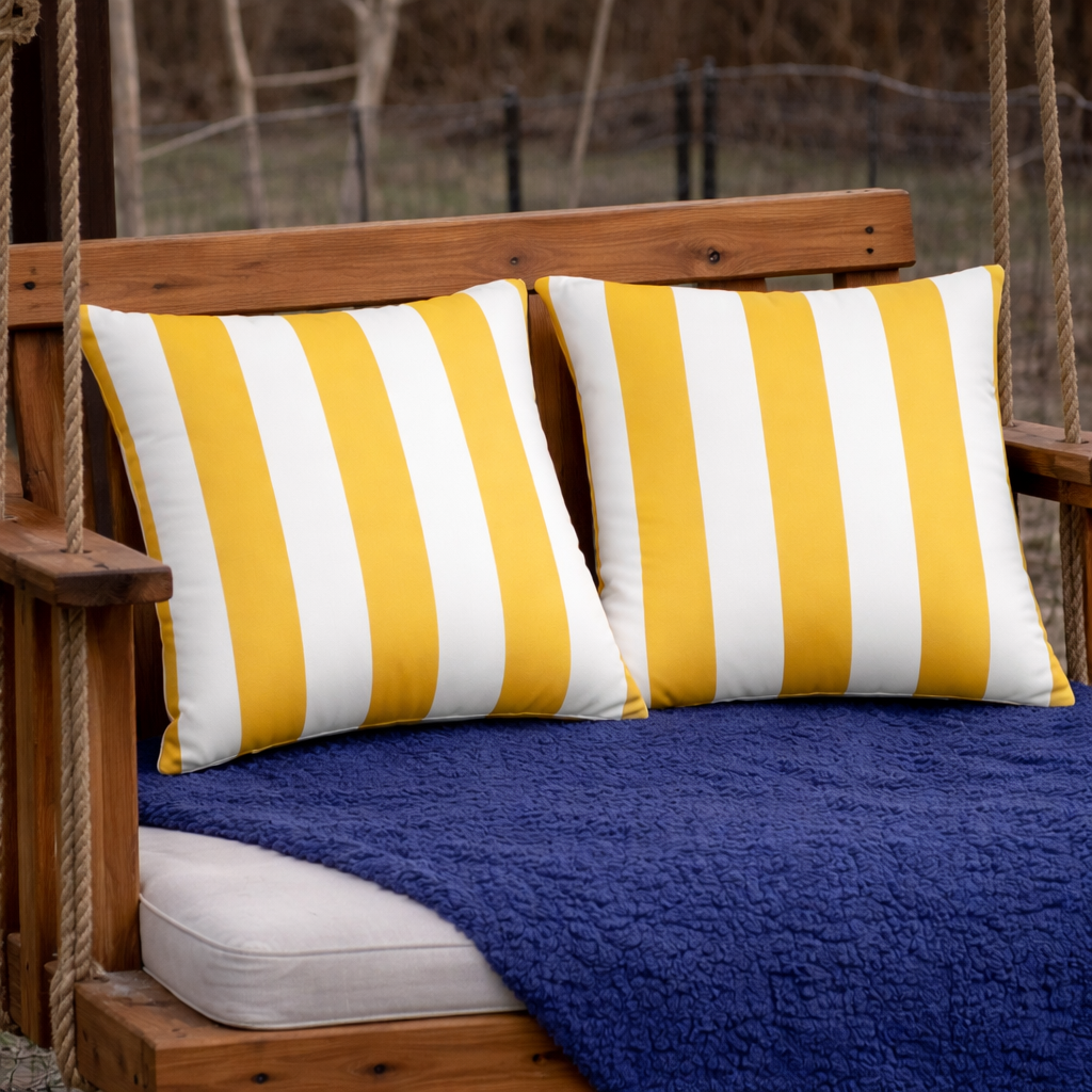 2 Pack Outdoor Throw Pillows, Waterproof & Fade-Resistant Patio Cushions For Garden, Porch, Poolside Furniture - Soft & Comfortable Decorative Pillow Covers 18x18 Inch, Yellow White