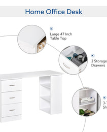 47" Modern Home Office Computer Desk Bookcase Combo Writing Table Workstation with 3 Drawer and Storage Shelf - White
