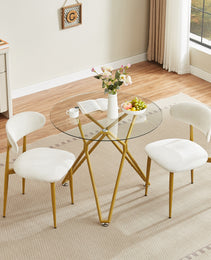35.4-inch Round Tempered Glass Dining Table, Suitable For 1-4 People, Space-saving Small Kitchen Dining Table, Equipped With Sturdy Metal Table Legs, Suitable For Dining Room, Living Room,Gold