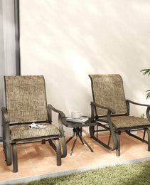 3-Piece Outdoor Gliders Set Bistro Set With Steel Frame, Tempered Glass Top Table For Patio, Garden, Light Mixed Brown