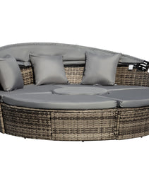 4-Piece Round Convertible Daybed with Cushions, Outdoor PE Rattan Patio Wicker Sofa Set, Sunbed with Adjustable Sun Canopy, Sectional Sofa, 2 Chairs, Table, 3 Pillows, Gray