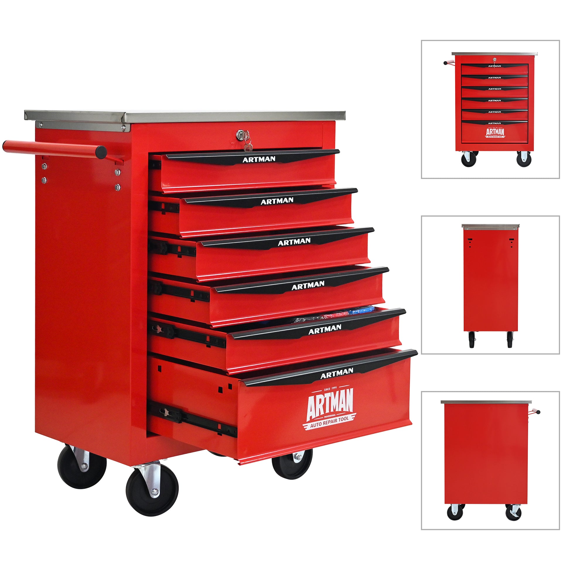 6 Drawers Multifunctional Tool Cart With Wheels,Metal Rolling Tool Cart Storage For Garage Workshop Warehouse Repair Shop--With Stainless Steel Roof- Red&Black