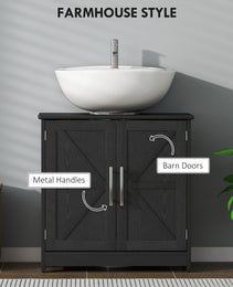 Farmhouse Pedestal Sink Storage Cabinet, Bathroom Sink Cabinet with 2 Barn Doors and Adjustable Shelf, Distressed Black