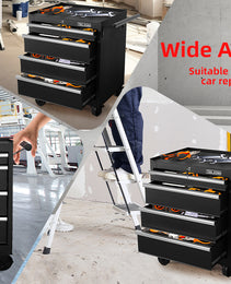 Tool Storage Cabinet And Cart 27Inch Metal Tool Cabinet With 4 Drawer,Rolling Wheel, Ball Bearing Sliders, Black Powder Coating, Suitable For Garage, Warehouse, Workshop