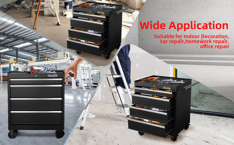 Tool Storage Cabinet And Cart 27Inch Metal Tool Cabinet With 4 Drawer,Rolling Wheel, Ball Bearing Sliders, Black Powder Coating, Suitable For Garage, Warehouse, Workshop