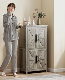 Bathroom Floor Storage Cabinet, Farmhouse Bathroom Cabinet with 4 Doors and Adjustable Shelf, Light Gray