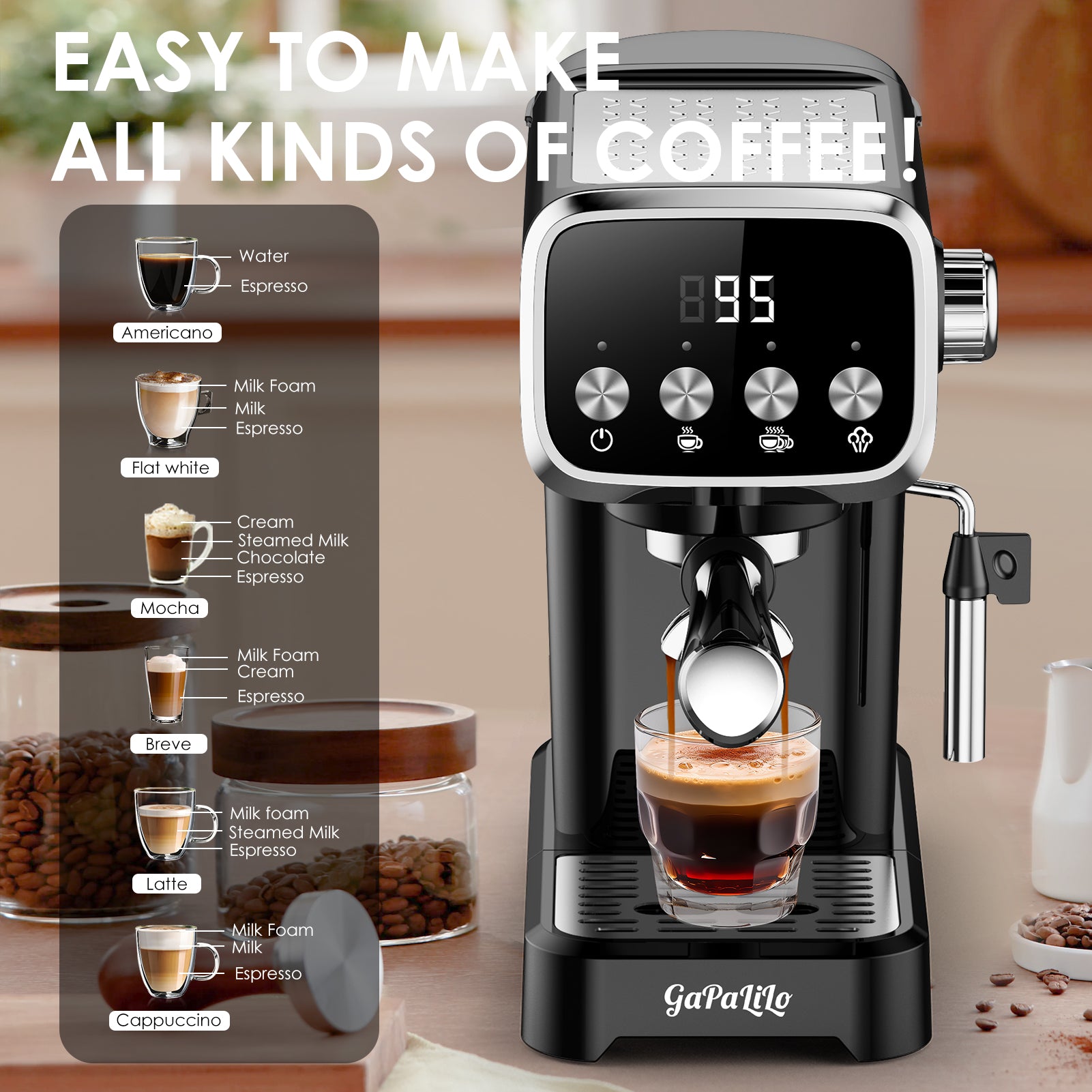 20 BAR Slim Espresso Machine With Milk Frother, Cup Warmer, 43 OZ Detachable Tank, For Espresso, Americano, Latte, Space-Saving, Screen Button, Black, Amazon Resale Prohibited