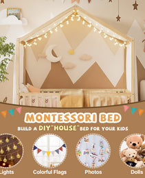 Montessori Floor Bed With Canopy, Twin Bed Frame For Kids, House Shape Kids Bed Frame With High Railings, Wood Kids Bed With Roof, Kid Twin Bed, Natural