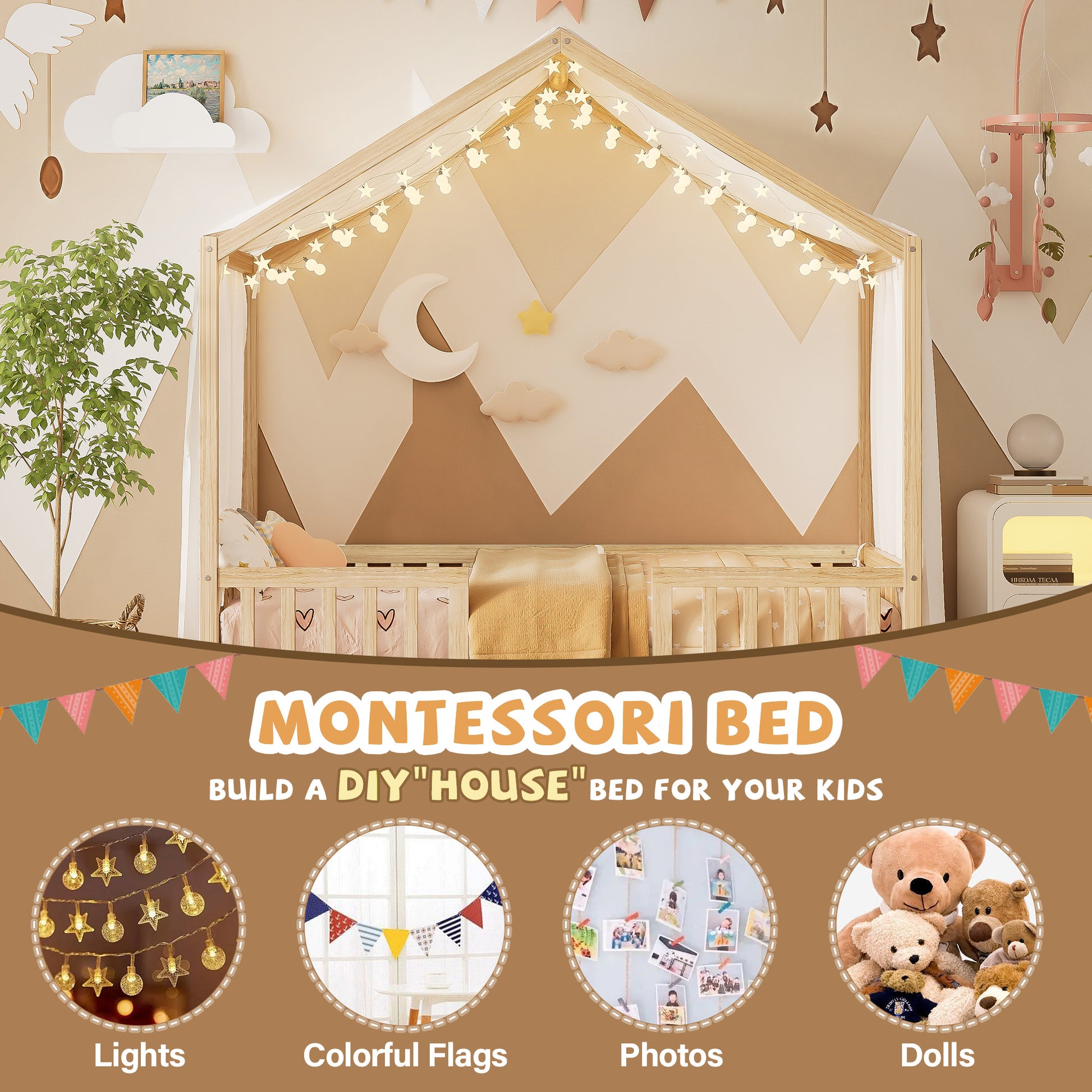 Montessori Floor Bed With Canopy, Twin Bed Frame For Kids, House Shape Kids Bed Frame With High Railings, Wood Kids Bed With Roof, Kid Twin Bed, Natural