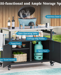 K&K 54.5  Outdoor Kitchen Island With Stainless Steel Tabletop, Metal Grill Cart Table With Storage Cabinet, Spice Rack And Towel Rack, Outdoor Bar Cart With 4 Lockable Wheels For Outside BBQ
