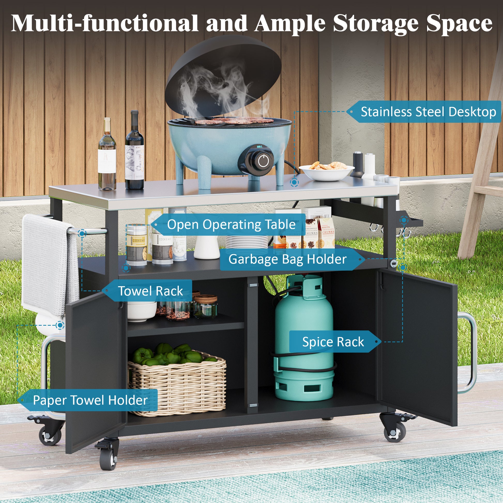 K&K 54.5  Outdoor Kitchen Island With Stainless Steel Tabletop, Metal Grill Cart Table With Storage Cabinet, Spice Rack And Towel Rack, Outdoor Bar Cart With 4 Lockable Wheels For Outside BBQ