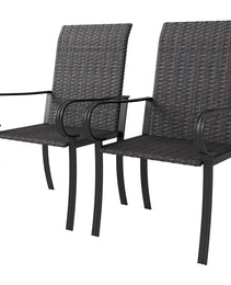 Set of 2 Outdoor Wicker Dining Chairs with Armrest, Steel Frame, High Back and Deep Seating, Brown