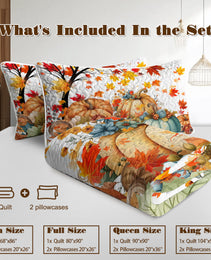 Autumn Theme 3 Pcs Quilt Set - Pumpkin Print Bedspread Coverlet