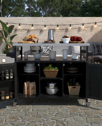 K&K Outdoor Kitchen Island, Rolling Bar Cart & Storage Cabinet, Farmhouse Solid Wood Outdoor Grill Table With Stainless Steel Top, Spice Rack , Towel Rack For Kitchen & Barbecue, Black